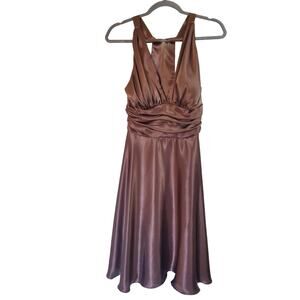 Rubber Ducky Productions Sexy Pinup Halter Brown Satin Mini Dress, Size Medium